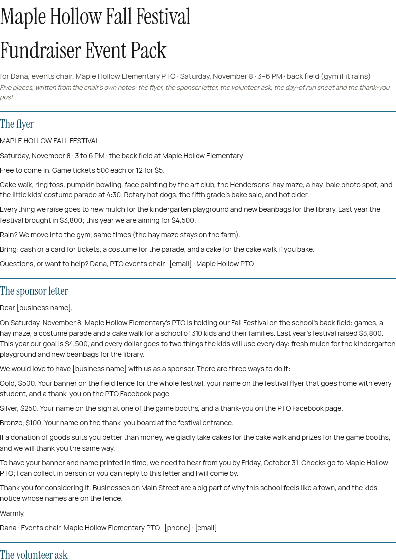 The sample event pack, page one of the PDF proof